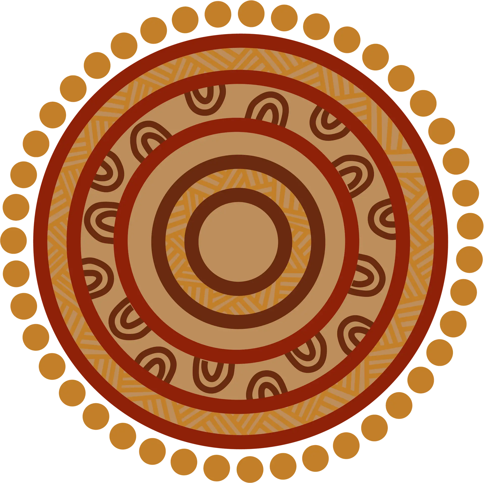 An intricate circular pattern with concentric rings. The outermost ring is dotted, followed by layers of alternating red and beige sections with abstract, decorative designs, including swirls and geometric shapes. The color scheme is warm and earthy.
