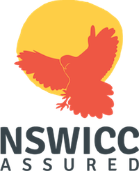 A silhouette of a red bird with outstretched wings is set against a yellow circle. Below the bird, the text reads "NSWICC Assured" in bold letters.