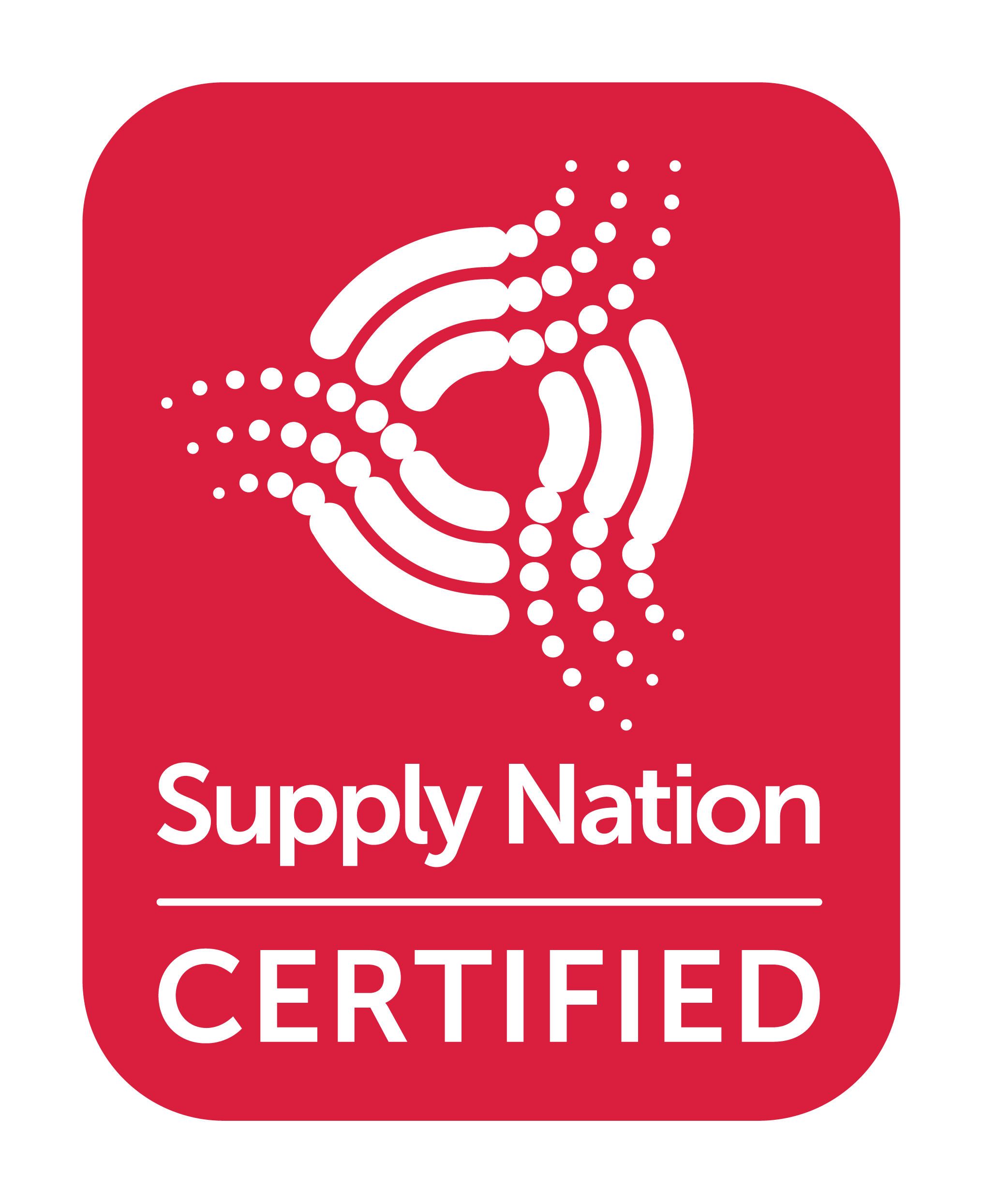 Red badge with a white logo of curved lines and dots forming a circle. Below, the text reads "Supply Nation CERTIFIED.