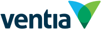 The Ventia logo features "ventia" in dark blue lowercase letters, next to two overlapping shapes—one blue, one green—forming a stylized "V", reflecting their expertise in workforce solutions for rail and civil sectors.