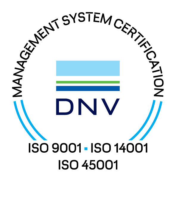 Logo with the text "MANAGEMENT SYSTEM CERTIFICATION" in a circular design around the DNV logo. Below, it lists ISO 9001, ISO 14001, and ISO 45001 certifications.